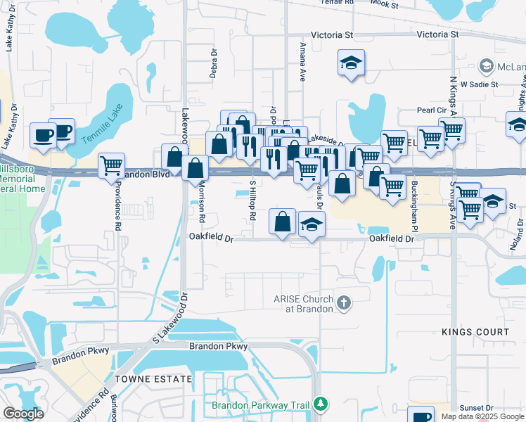 map of restaurants, bars, coffee shops, grocery stores, and more near 1351 West Brandon Boulevard in Brandon