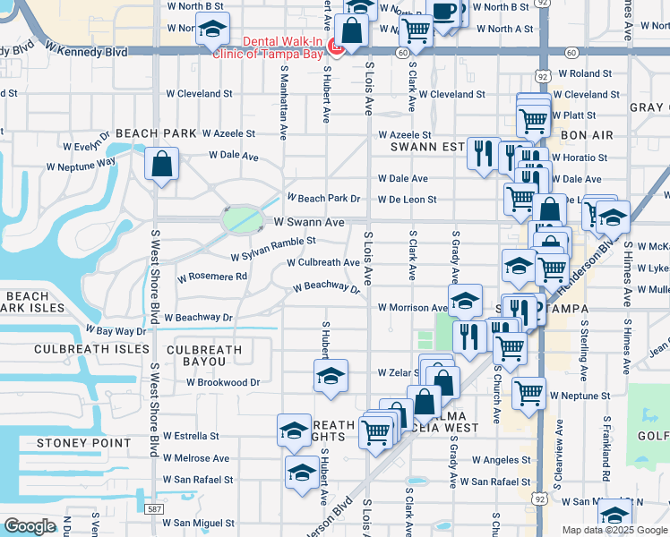 map of restaurants, bars, coffee shops, grocery stores, and more near 718 South Bella Vista Street in Tampa