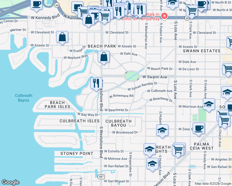 map of restaurants, bars, coffee shops, grocery stores, and more near 4524 West Woodmere Road in Tampa