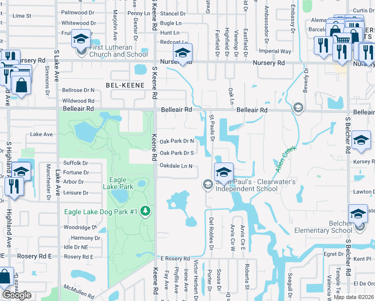 map of restaurants, bars, coffee shops, grocery stores, and more near 1881 Oak Park Drive East in Clearwater
