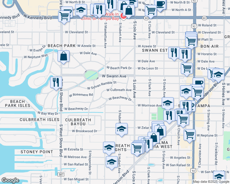 map of restaurants, bars, coffee shops, grocery stores, and more near 4213 West Culbreath Avenue in Tampa
