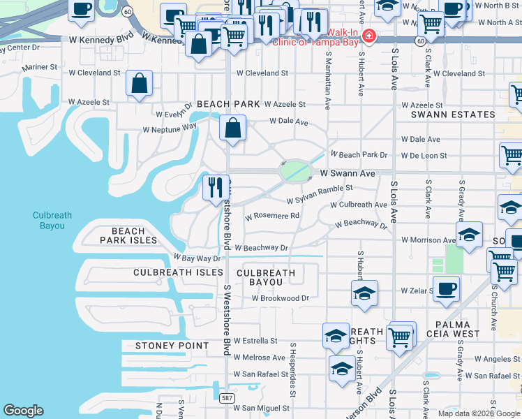 map of restaurants, bars, coffee shops, grocery stores, and more near 4524 West Woodmere Road in Tampa