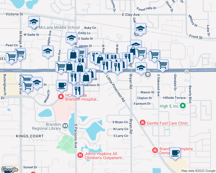 map of restaurants, bars, coffee shops, grocery stores, and more near 331 East Robertson Street in Brandon
