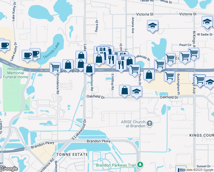 map of restaurants, bars, coffee shops, grocery stores, and more near 1501 Spitz Court in Brandon