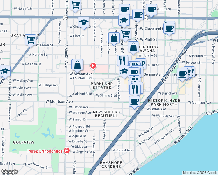 map of restaurants, bars, coffee shops, grocery stores, and more near 2509 West Edgewood Road in Tampa