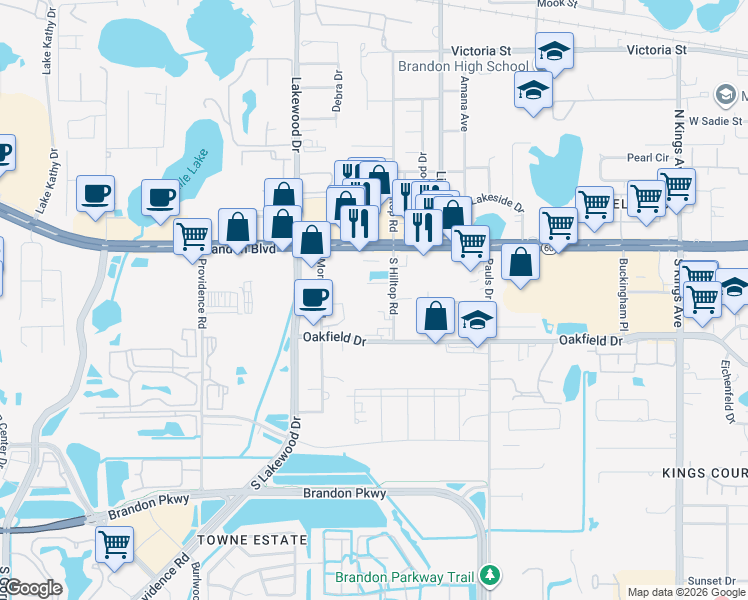 map of restaurants, bars, coffee shops, grocery stores, and more near 1508 Spitz Court in Brandon