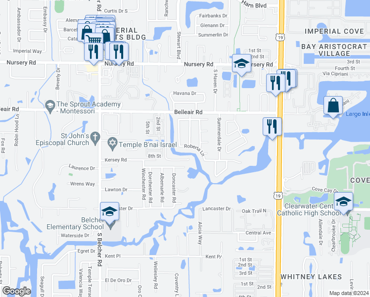 map of restaurants, bars, coffee shops, grocery stores, and more near 2391 Roberta Lane in Clearwater
