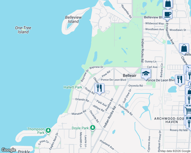 map of restaurants, bars, coffee shops, grocery stores, and more near 501 Palmetto Road in Belleair