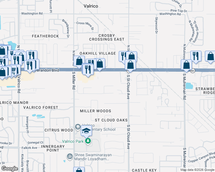 map of restaurants, bars, coffee shops, grocery stores, and more near 206 Ronja Lane in Valrico