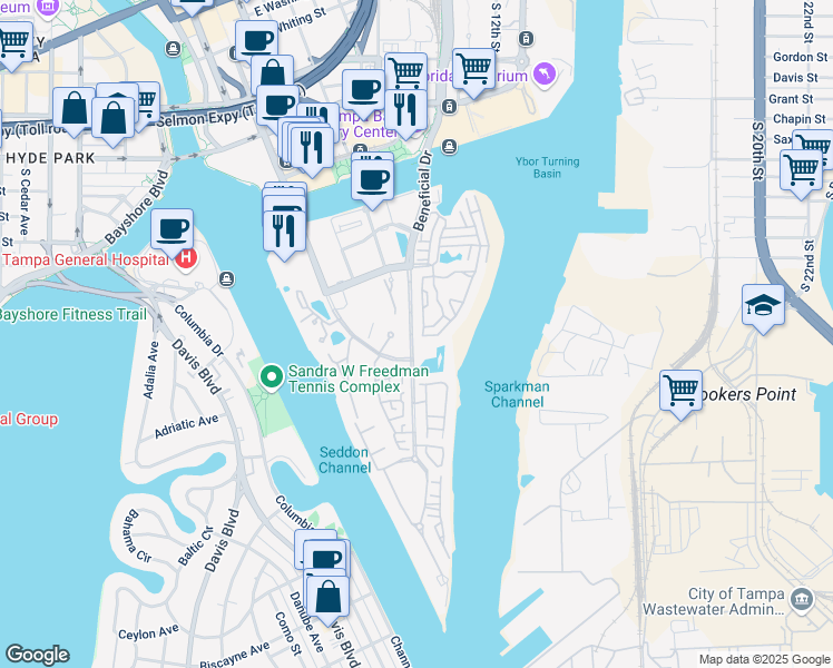 map of restaurants, bars, coffee shops, grocery stores, and more near 1002 South Harbour Island Boulevard in Tampa