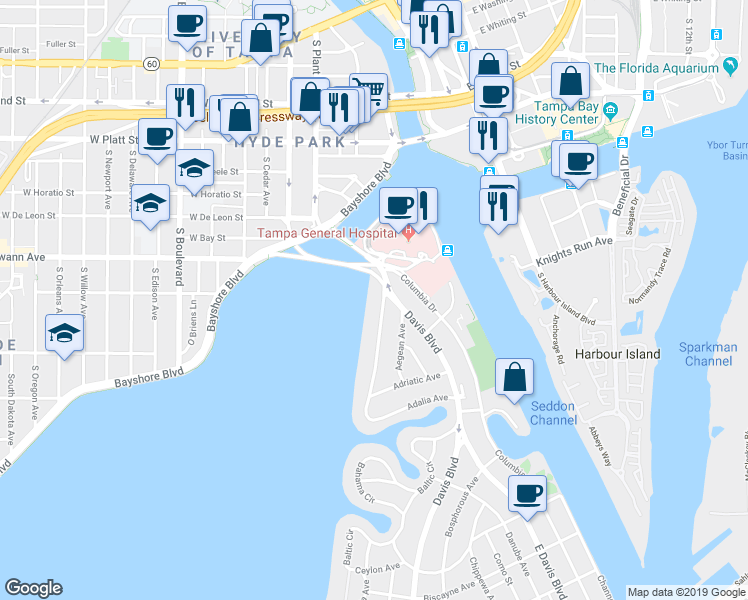 map of restaurants, bars, coffee shops, grocery stores, and more near 2 Adalia Avenue in Tampa