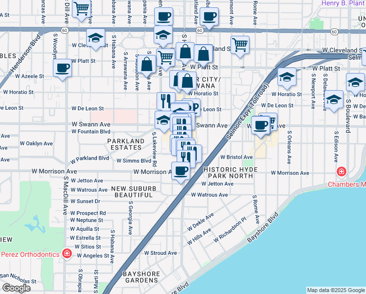 map of restaurants, bars, coffee shops, grocery stores, and more near 717 South Howard Avenue in Tampa