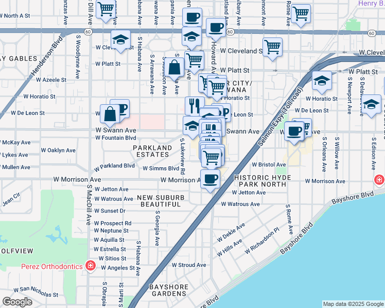 map of restaurants, bars, coffee shops, grocery stores, and more near 808 South Lakeview Road in Tampa