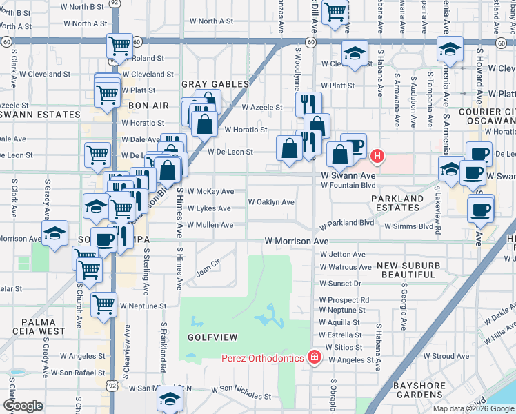 map of restaurants, bars, coffee shops, grocery stores, and more near 3125 West Oaklyn Avenue in Tampa