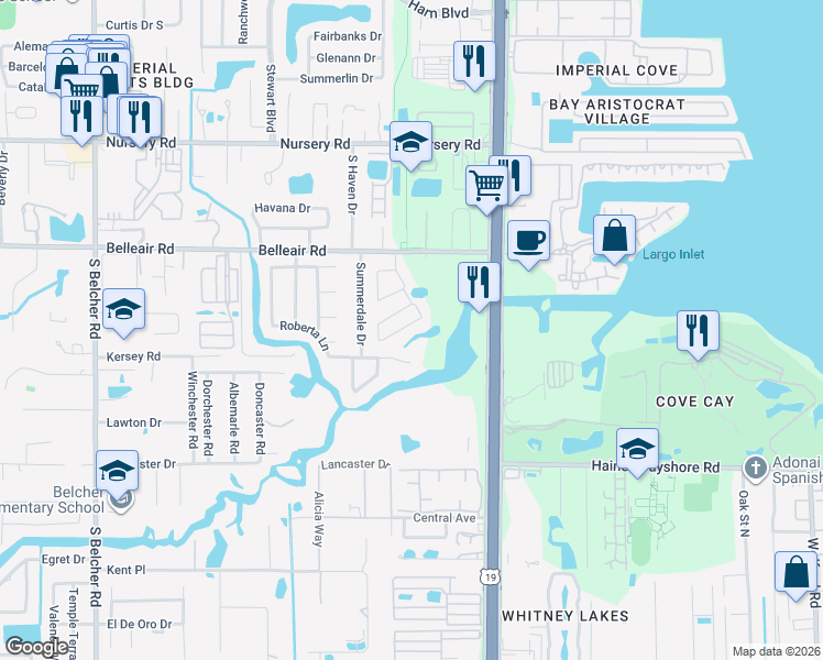 map of restaurants, bars, coffee shops, grocery stores, and more near 2489 Foggy Creek Circle in Clearwater