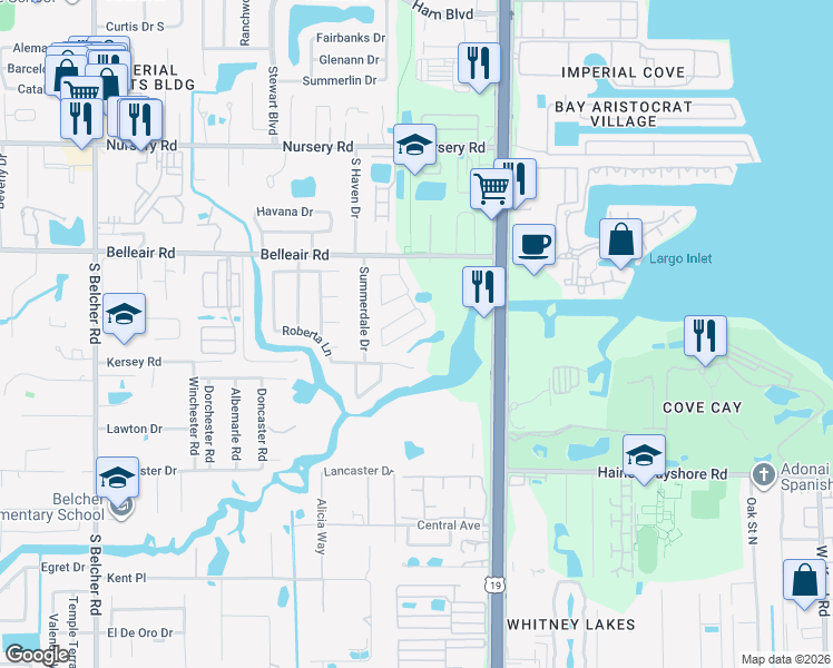 map of restaurants, bars, coffee shops, grocery stores, and more near 2489 Foggy Creek Circle in Clearwater