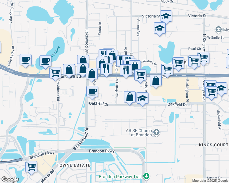 map of restaurants, bars, coffee shops, grocery stores, and more near 1508 Spitz Court in Brandon