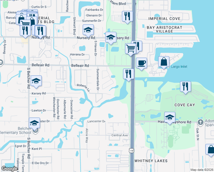 map of restaurants, bars, coffee shops, grocery stores, and more near 2444 Foggy Creek Circle in Clearwater