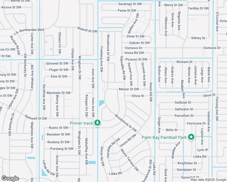 map of restaurants, bars, coffee shops, grocery stores, and more near 1082 Melzer Street Southwest in Palm Bay