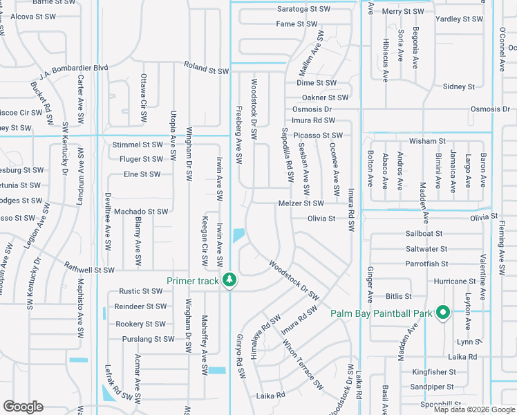 map of restaurants, bars, coffee shops, grocery stores, and more near 1082 Melzer Street Southwest in Palm Bay