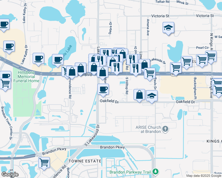map of restaurants, bars, coffee shops, grocery stores, and more near 1510 Brookside Drive in Brandon