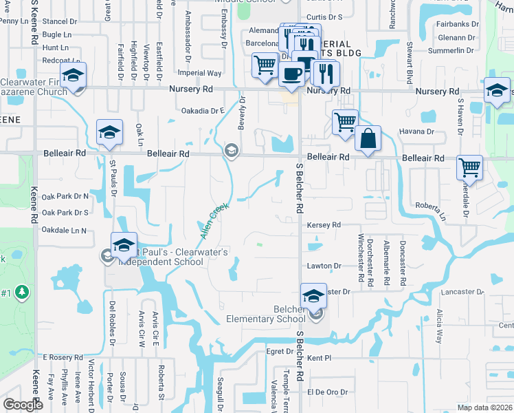map of restaurants, bars, coffee shops, grocery stores, and more near 1675 Sunnybrook Lane in Clearwater