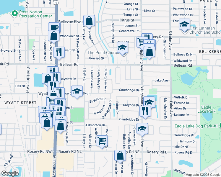 map of restaurants, bars, coffee shops, grocery stores, and more near 1400 Southridge Drive in Clearwater