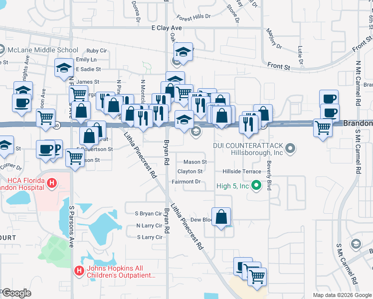 map of restaurants, bars, coffee shops, grocery stores, and more near 710 Westbrook Avenue in Brandon