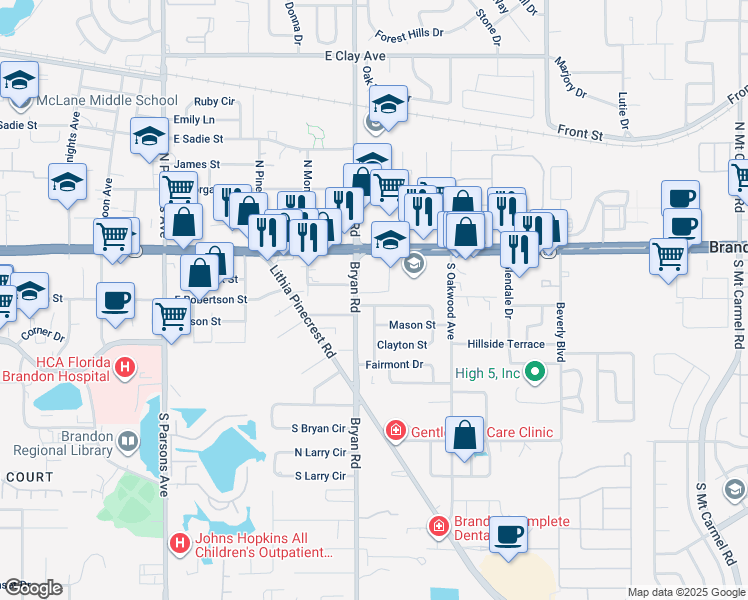 map of restaurants, bars, coffee shops, grocery stores, and more near 608 Westbrook Avenue in Brandon