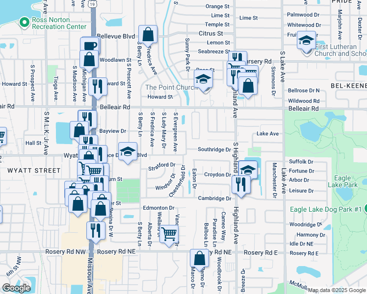 map of restaurants, bars, coffee shops, grocery stores, and more near 1400 Southridge Drive in Clearwater