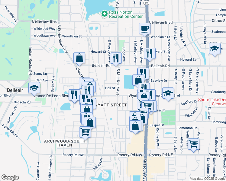 map of restaurants, bars, coffee shops, grocery stores, and more near 833 Hall Street in Clearwater