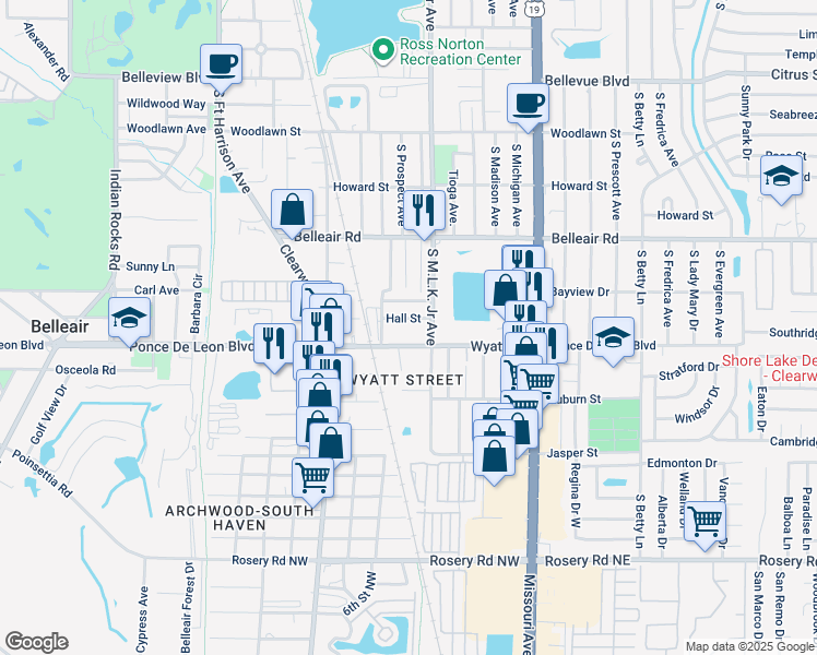 map of restaurants, bars, coffee shops, grocery stores, and more near 833 Hall Street in Clearwater
