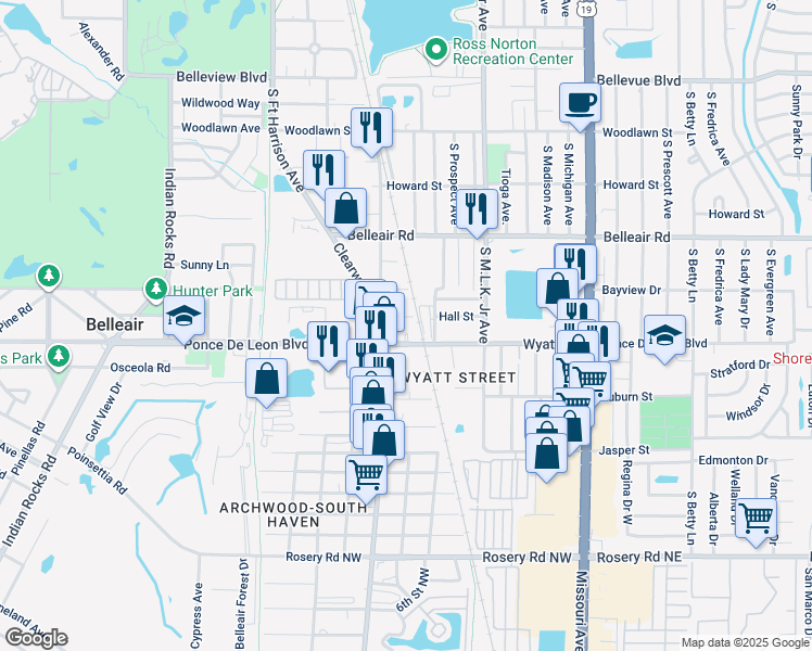 map of restaurants, bars, coffee shops, grocery stores, and more near 1680 Tilley Avenue in Clearwater
