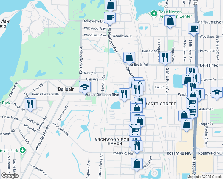 map of restaurants, bars, coffee shops, grocery stores, and more near 1100 Ponce De Leon Boulevard in Clearwater