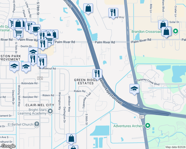 map of restaurants, bars, coffee shops, grocery stores, and more near 8622 Woodridge Road in Tampa