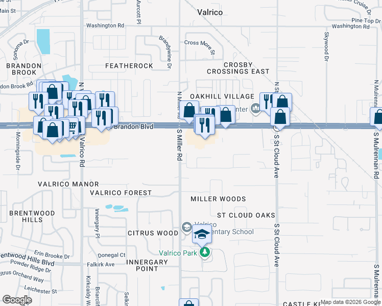 map of restaurants, bars, coffee shops, grocery stores, and more near 2502 Bonterra Boulevard in Valrico