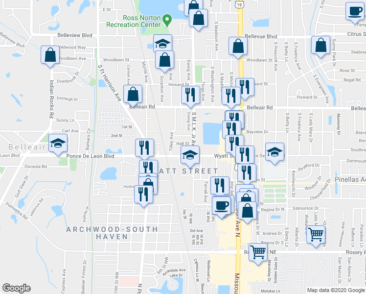 map of restaurants, bars, coffee shops, grocery stores, and more near 833 Hall Street in Clearwater