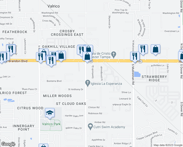 map of restaurants, bars, coffee shops, grocery stores, and more near 156 Sawtooth Drive in Valrico