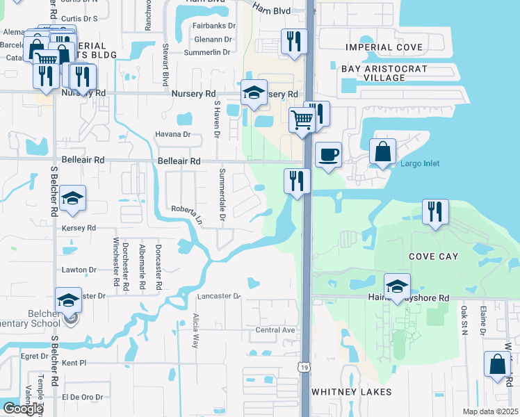 map of restaurants, bars, coffee shops, grocery stores, and more near 2489 Foggy Creek Circle in Clearwater