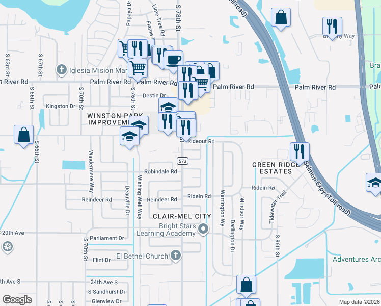 map of restaurants, bars, coffee shops, grocery stores, and more near 7805 Parish Place in Tampa