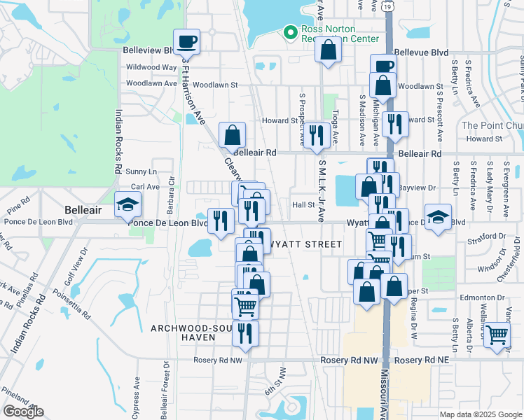 map of restaurants, bars, coffee shops, grocery stores, and more near 1687 Clearwater Largo Road North in Clearwater