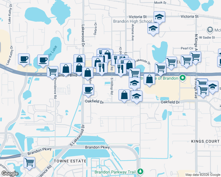 map of restaurants, bars, coffee shops, grocery stores, and more near 1508 Spitz Court in Brandon