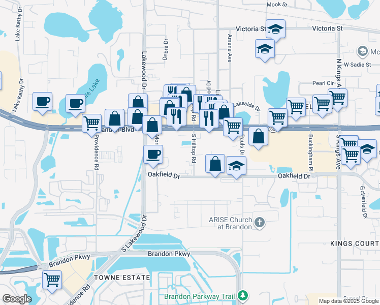 map of restaurants, bars, coffee shops, grocery stores, and more near 1508 Spitz Court in Brandon