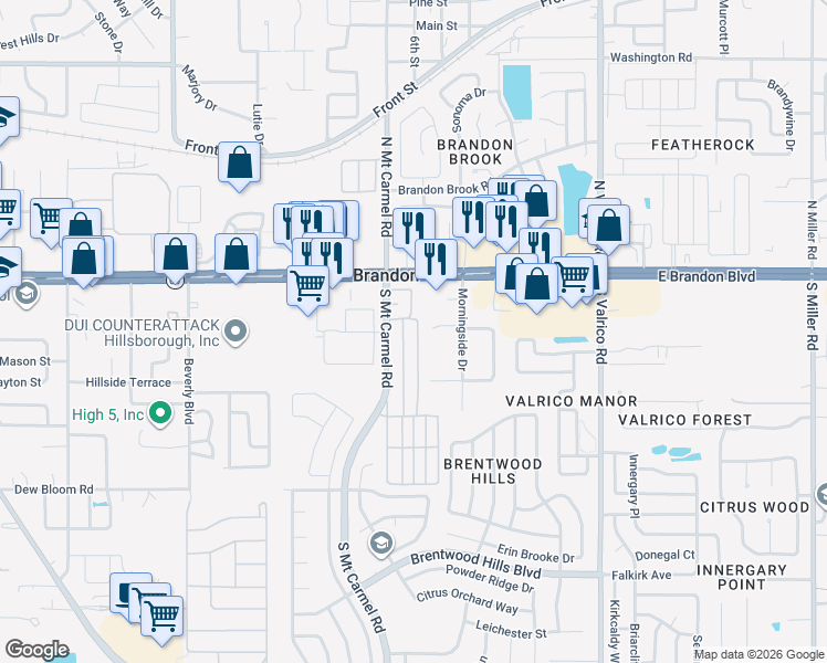 map of restaurants, bars, coffee shops, grocery stores, and more near 204 Third Street in Valrico
