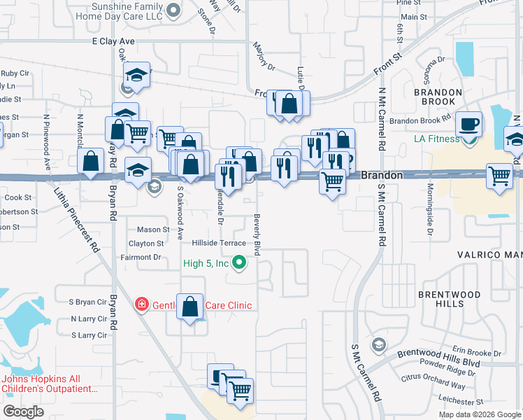 map of restaurants, bars, coffee shops, grocery stores, and more near 920 Woodland Terrace in Brandon