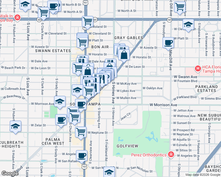 map of restaurants, bars, coffee shops, grocery stores, and more near 3419 West Lykes Avenue in Tampa