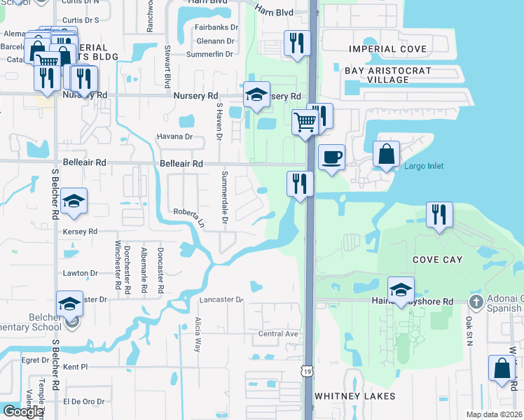 map of restaurants, bars, coffee shops, grocery stores, and more near 2489 Foggy Creek Circle in Clearwater