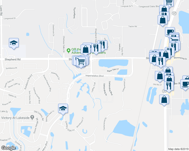 map of restaurants, bars, coffee shops, grocery stores, and more near 5843 Imperial Lakes Boulevard in Mulberry
