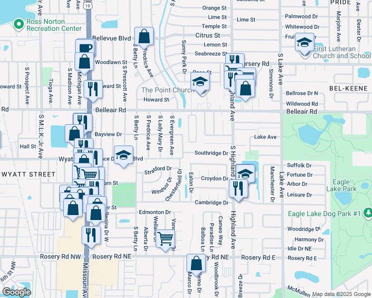 map of restaurants, bars, coffee shops, grocery stores, and more near 1400 Southridge Dr in Clearwater