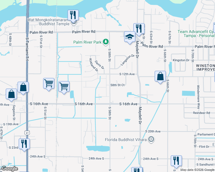 map of restaurants, bars, coffee shops, grocery stores, and more near 1304 South 58th Street in Tampa